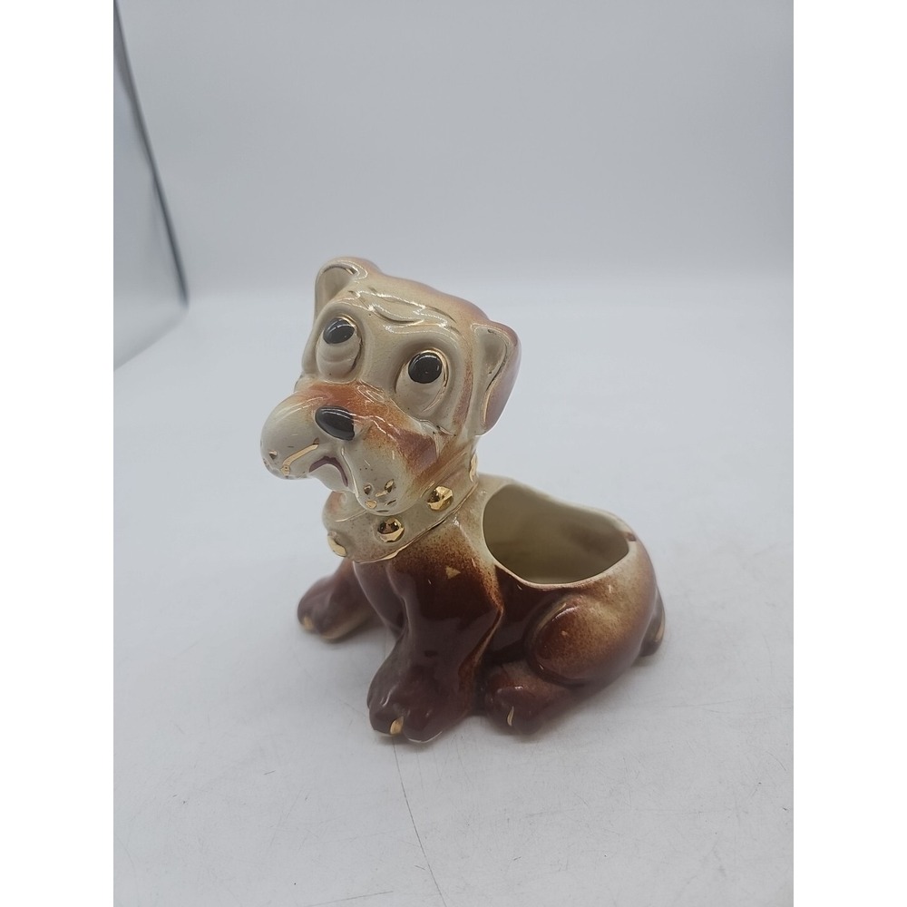 Vintage Ceramic Dog With Sad Eyes Planter‎ Gold Collar Sad Eyes